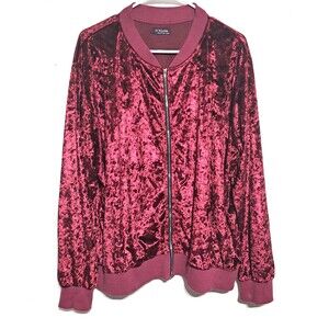 Women's In'Voland Crushed RED VELVET Zippered Bomber Cardigan Jacket Size 20W
